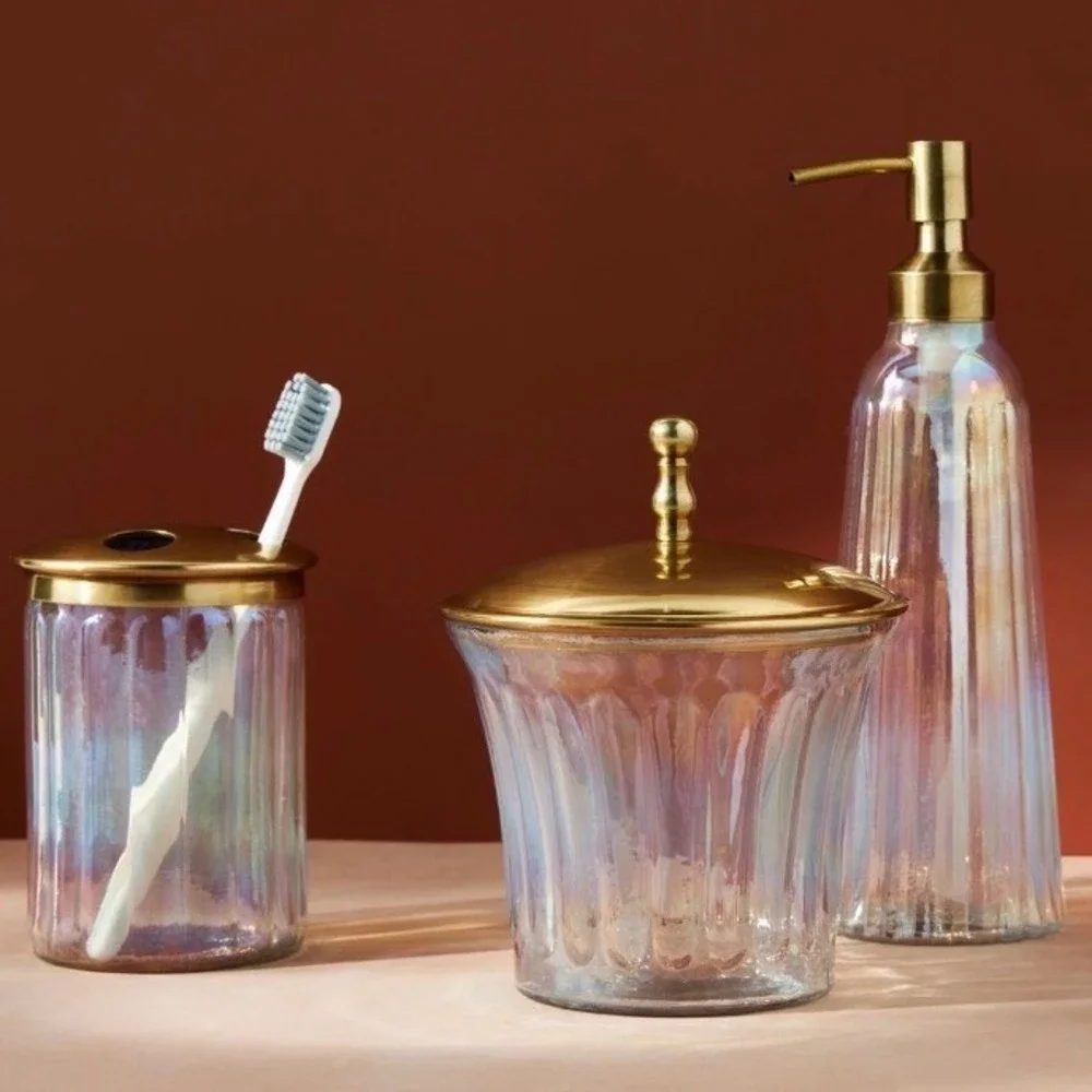 Anthropologie‎ Lustrous Canister Iridescent Fluted Glass Gold Lid 6.5